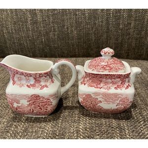 Woodland Enoch Wedgewood England Sugar and Creamer Red Transferware